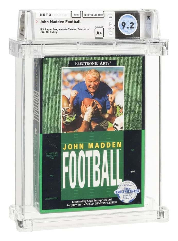 John Madden Football sealed cardboard-box copy graded Wata 9.2 A+, sold by Heritage in January 2022