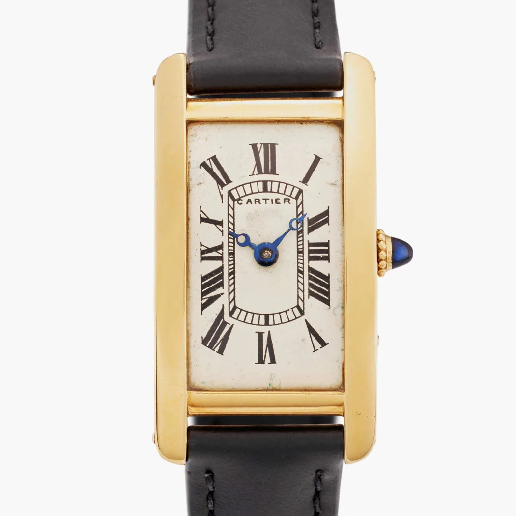 Cartier Tank Cintrée, yellow gold curved elongated case, watch front