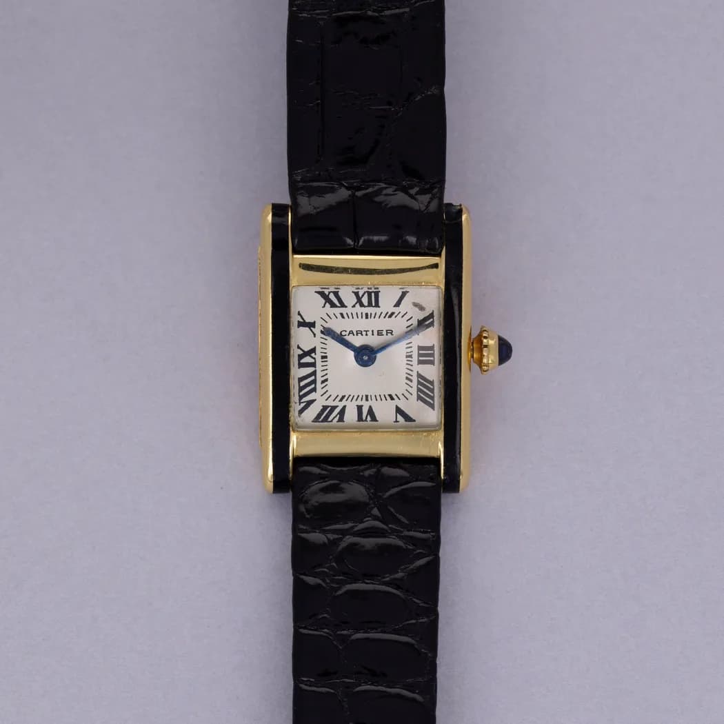 Cartier Tank Normale, black enamel brancards, yellow gold, watch front