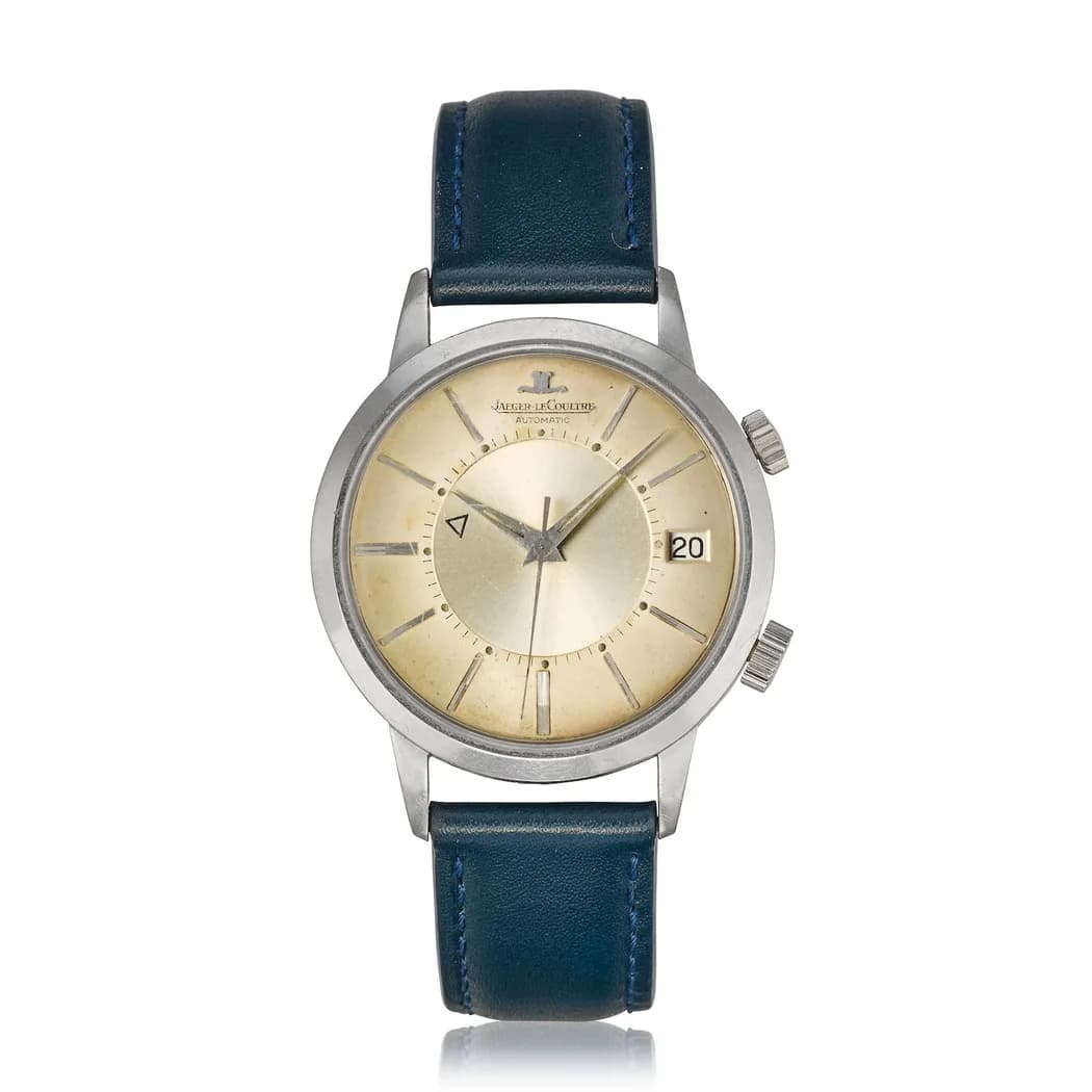 Jaeger-LeCoultre Memovox automatic alarm, steel, silvered dial, watch front