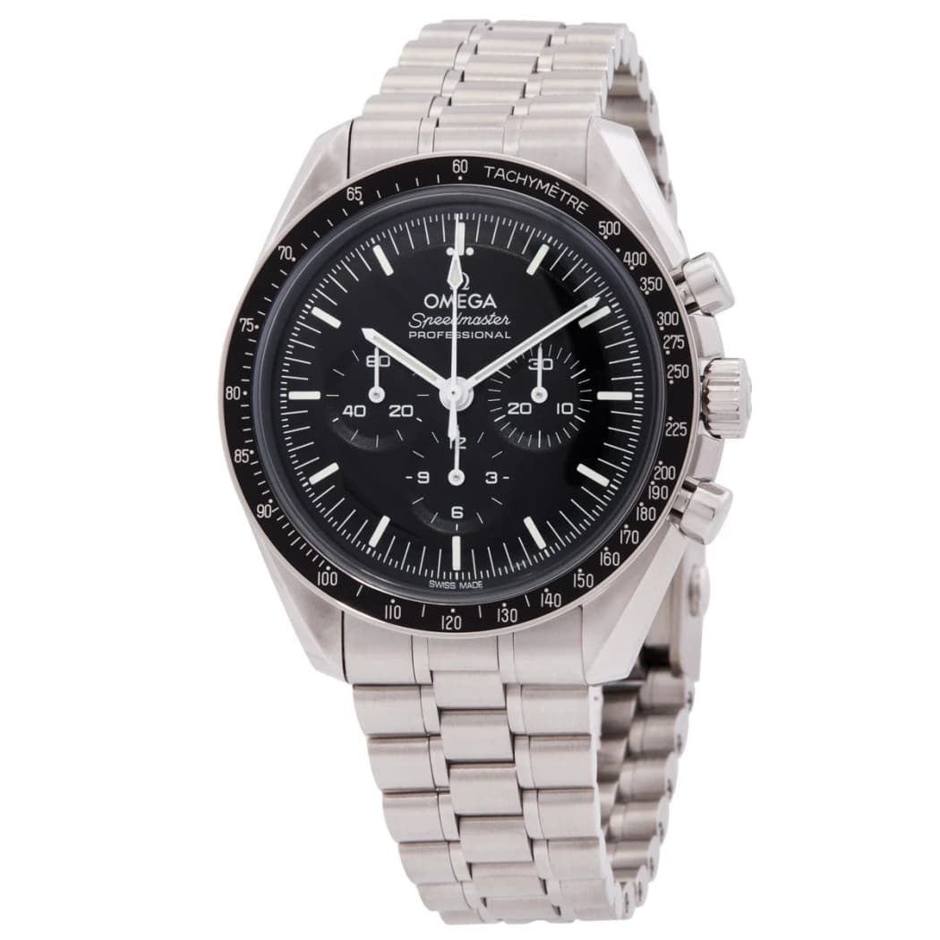 Omega Speedmaster Moonwatch Professional ref. 310.30.42.50.01.001, black step dial, hesalite crystal, watch front