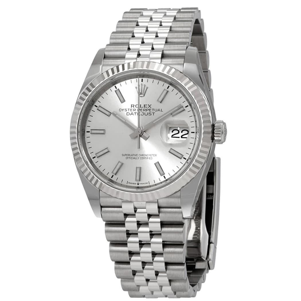 Rolex Datejust 36 ref. 126234, silver dial, fluted bezel, Jubilee bracelet, watch front