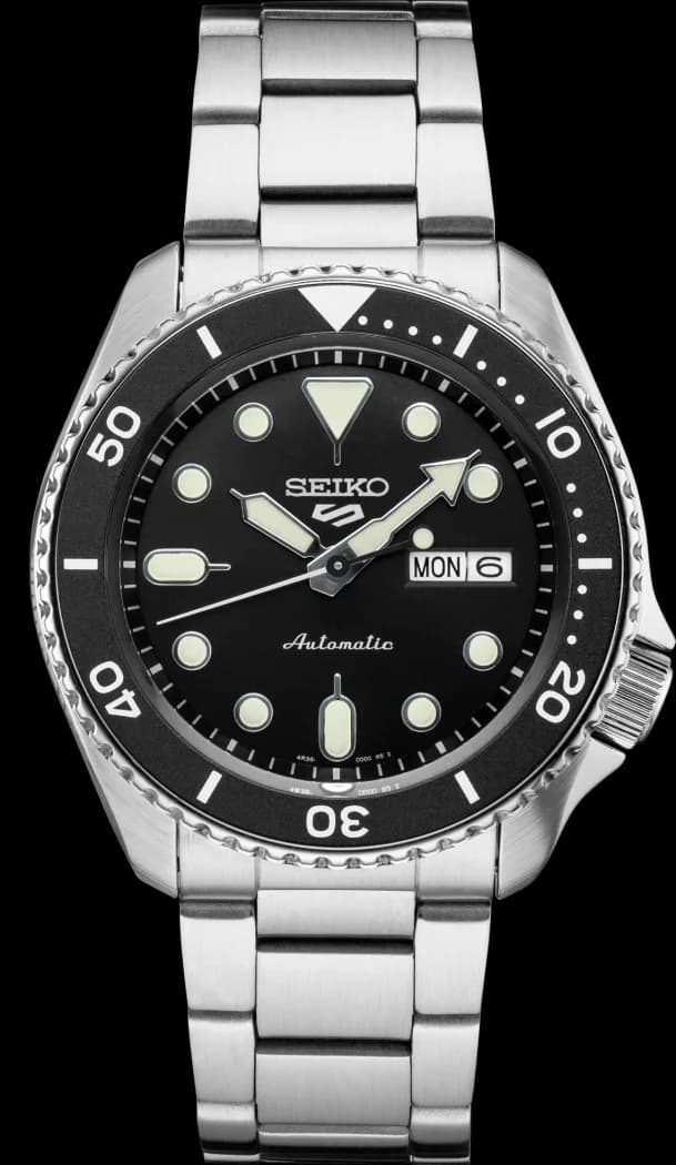 Seiko 5 Sports ref. SRPD55, black dial, watch front