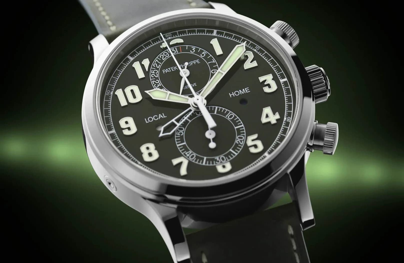 Patek Philippe Calatrava Pilot Travel Time Flyback Chronograph (White gold, lacquered khaki green dial), manufacturer image (not a photograph of an individual watch)