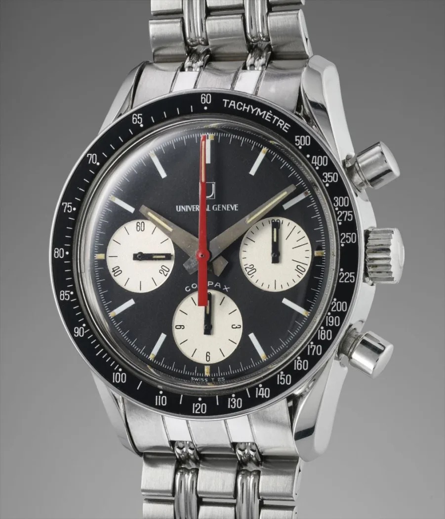Universal Genève Compax 'Evil Nina' ref. 885103/01, black reverse-panda dial, watch front