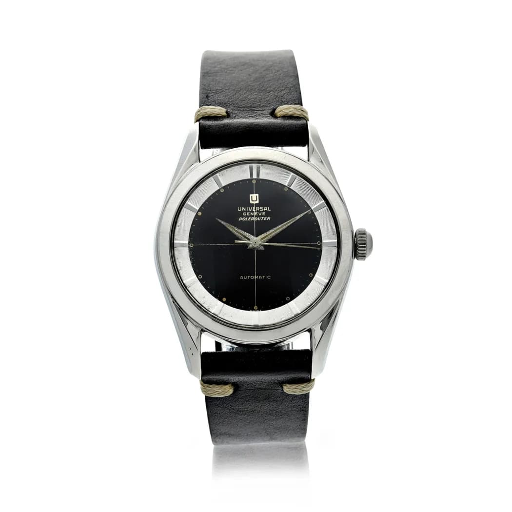 Universal Genève Polerouter, twisted lugs, black dial, dauphine hands, watch front