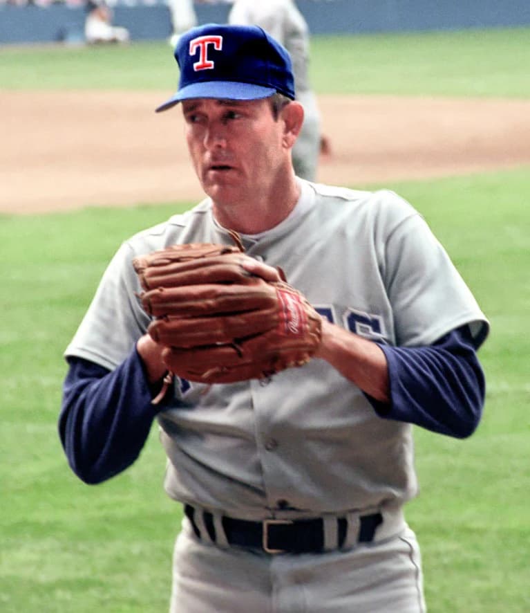 Nolan Ryan pitching for the Texas Rangers at Tiger Stadium, 1990